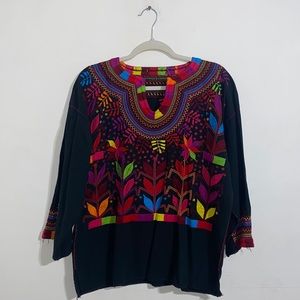Chamula Mexican Hand Embroidered Manta Blouse with embroidered Corn Stalks